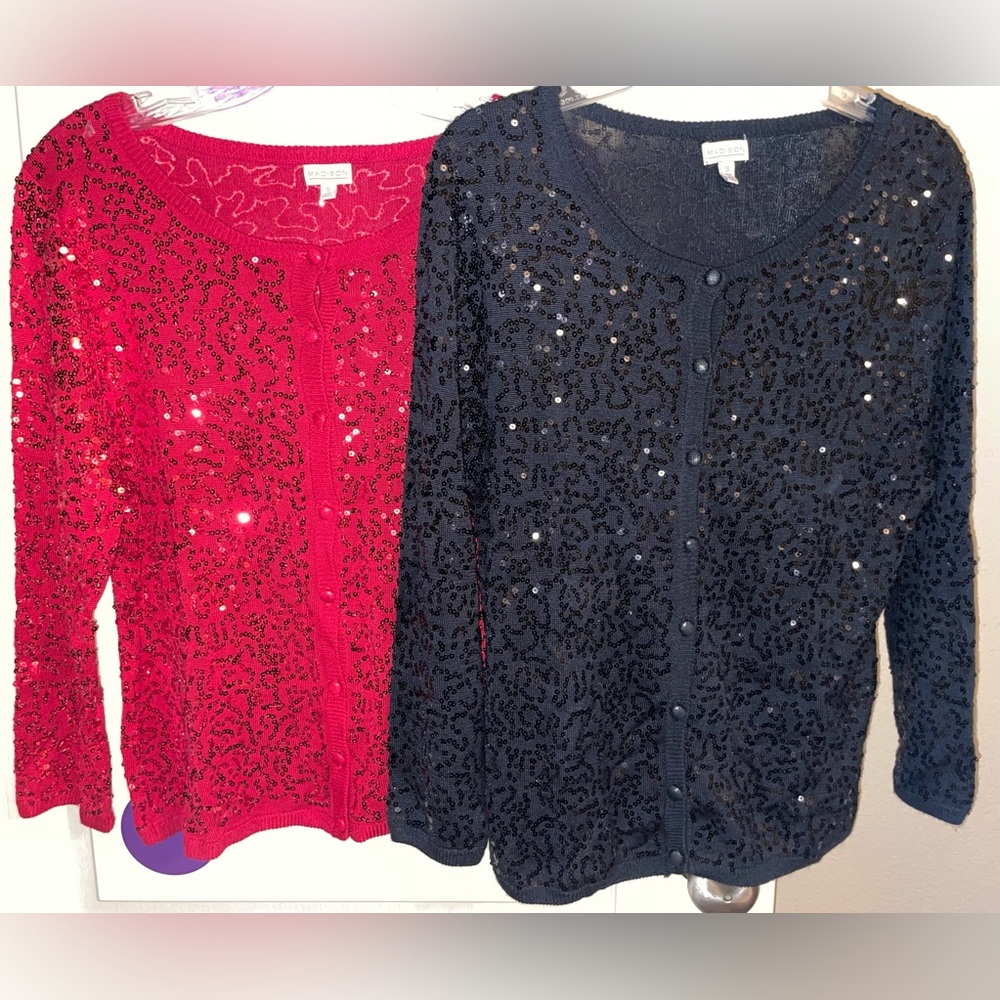 NWOT Madison 3/4 Sleeve Sequined Cardigan Red Black Size Small